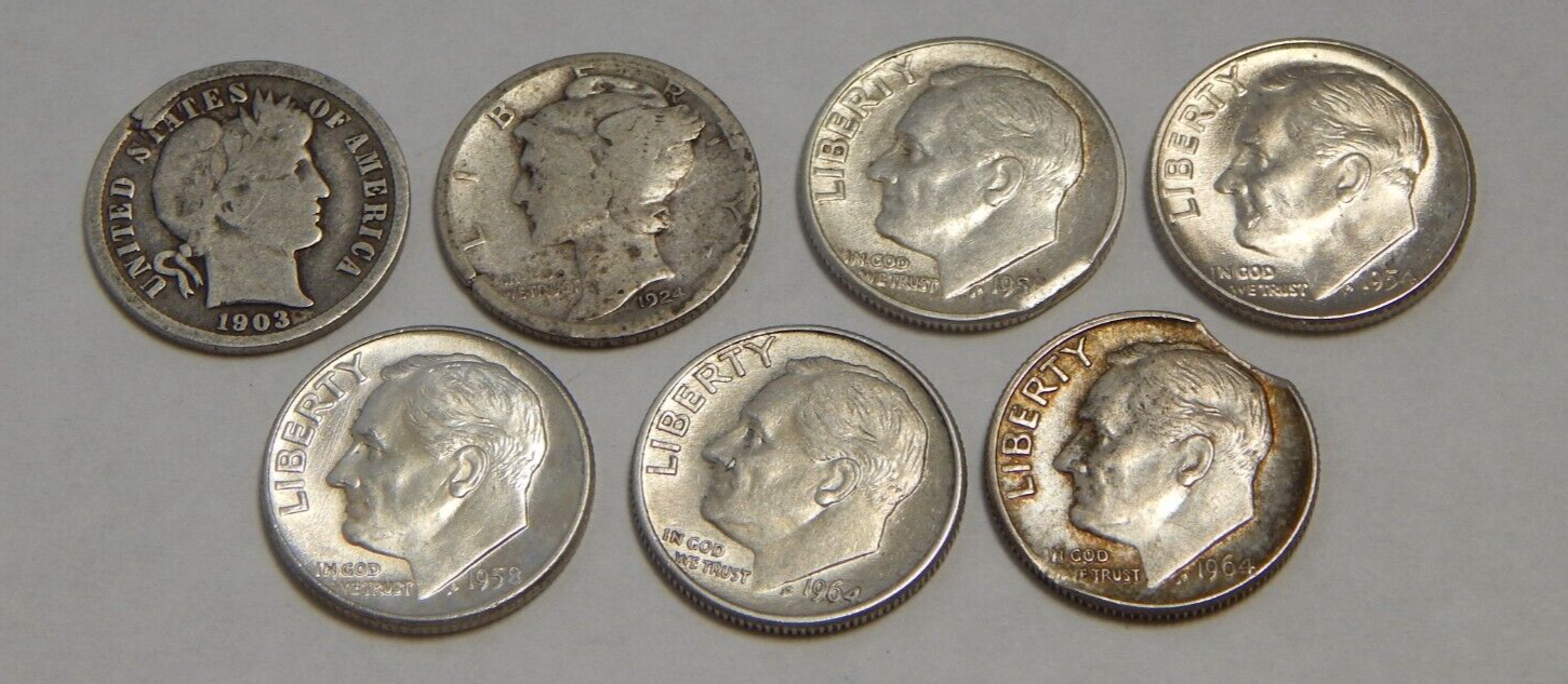7 Silver Dimes 19031964 Mint Error Clip, Cud Spots, Lamination