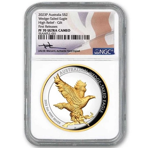 2023-P $2 Australian Silver Wedge Tailed Eagle 2 oz Gilded Piedfort NGC PF70