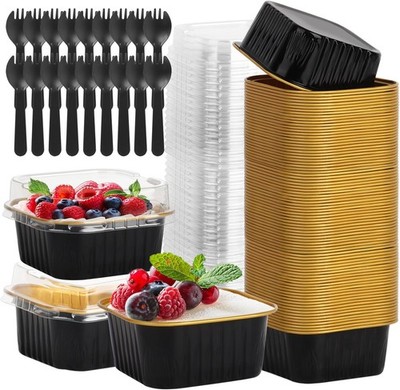 60 Pack 5 OZ Disposable Square Mini Baking Pans with Lids, Black and Gold |