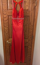 Red Satin Open Back Beaded Prom Formal Gown Dress