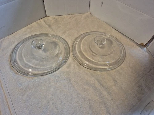 2 Pyrex Glass Replacement Lids G1C Clear Round Fluted Lid With Knob 8 3/4” G-1-C