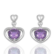 Heart Round Earrings Simulated Purple .925 Sterling Silver