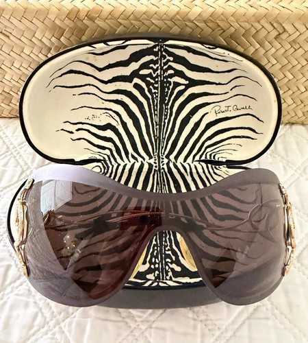 Roberto Cavalli Designer Shield Sunglasses Brown Tinted Lenses Gold Metal Frame
