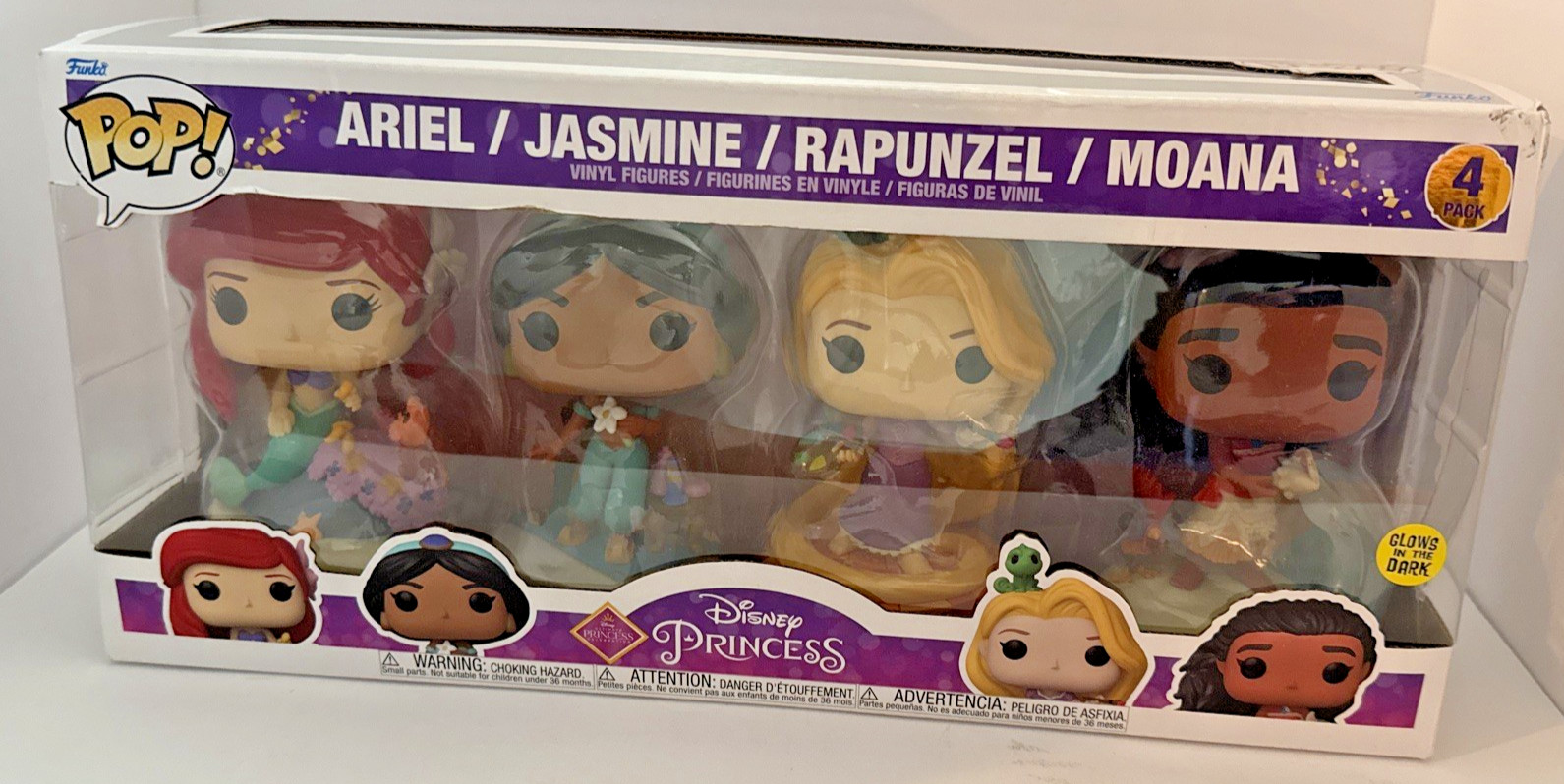 Funko Pop Disney Princess 4 Pack Ariel Jasmine Rapunzel Moana Glow in Dark