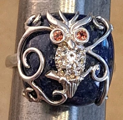 Vintage figürlicher EULE Lapis Edelsteine Sterlingsilber Ring Größe 10 signiert SCHÖN