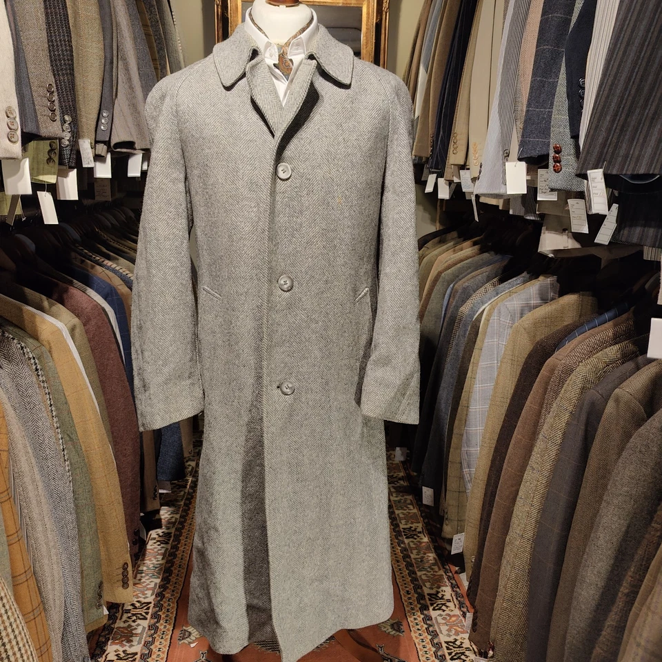 Vintage Mens 40R Tweed Herringbone Pea Over Coat Jacket Harris Style Wool V - Image 2 of 4