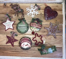 11 Rustic Farmhouse Christmas Tree Ornaments Star Heart Bells Moose Snowman 4-6”