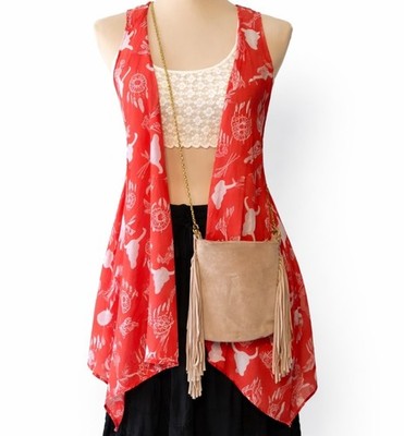 Western Boho Sheer Womens Coral Duster Large Bull Heads Dream Catchers Festival