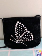 Vintage Black Velvet Rhinestone Butterfly Clutch Purse Bag Designer Party Dainty
