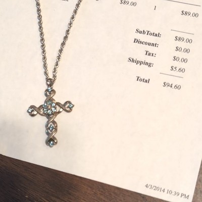 Silver Plated Rope Chain Cross Pendant Necklace Blue Crystal Rhinestone