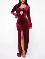 Fashion Nova Front Slit Velvet Gown Dress Burgundy S/M Cocktail Vamp Whimsigoth