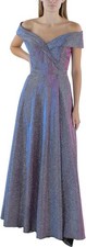 Xscape Women's Off-the-Shoulder Shimmer Wrap Style Gown - Silver/Fuschia  2