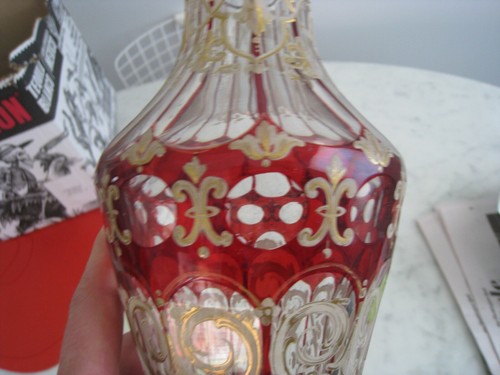 Antique Bohemian Cut to Clear Glass painted Red Cranberry Vase - 10" tall - Picture 8 of 9