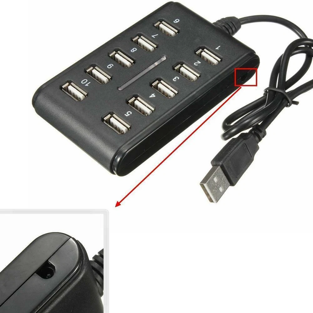 10-Port USB 2.0 Hub High-Speed Splitter for PC Laptop Expansion