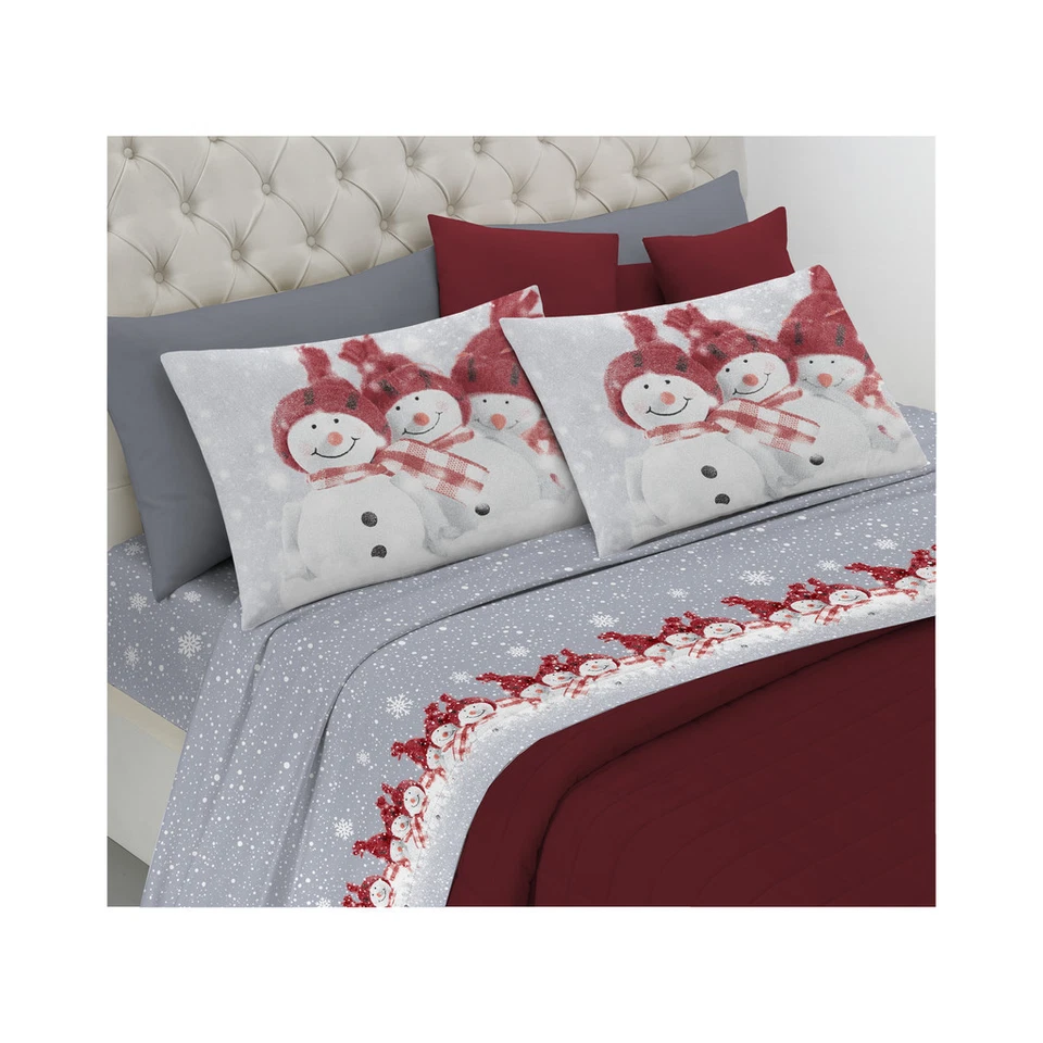 SAVOLTEX COMPLETO LENZUOLA FLANELLA CALDO COTONE MATRIMONIALE PUPAZZO DI NEVE ROSSO