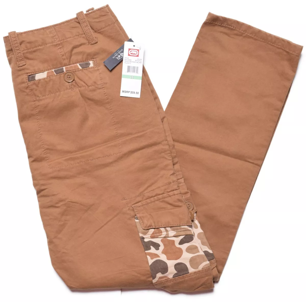 Ecko Unltd Mens Camel Brown Camo Pocket Slim Fit Casual Twill Cargo Pants  28x32