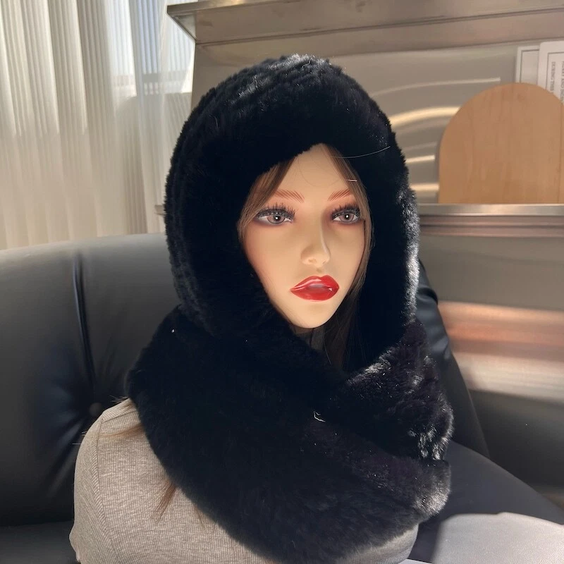 Long Knitted Real Rabbit Fur Collar Scarf Shawl Cape Hat Cap Neck Wrap Earflap