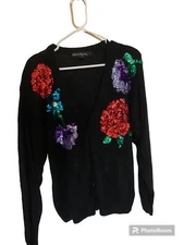 Work in Progress Sweater Womens L Black Sequin Accent Cardigan Floral Silk
