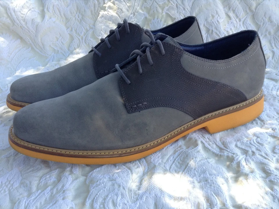 COLE HAAN WINGTIP OXFORD, TWO TONE GRAY SUEDE & LEATHER, ORANGE SOLE, 13 M