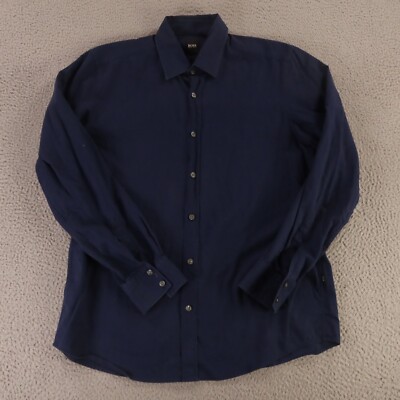 Hugo Boss Shirt Mens L Blue Self Stripe Cotton Twill Button Up Long Sleeve