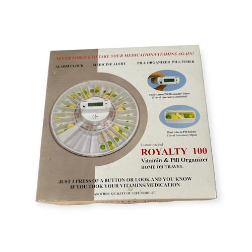 Royalty 100 Vitamin & Pill Organizer Come W/Pill Holder Alarm Clock Home Travel - Foto 2 di 4