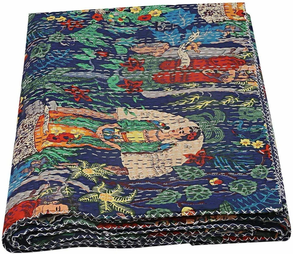 Colchas multicolores para corredor de cama Kantha edredón floral Ralli Gudri Queen Foto 4 de 4