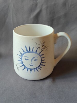 Sun Moon Big Mug Celestial White Blue Faces Pottery Ceramic Coffee Tea 4.5 