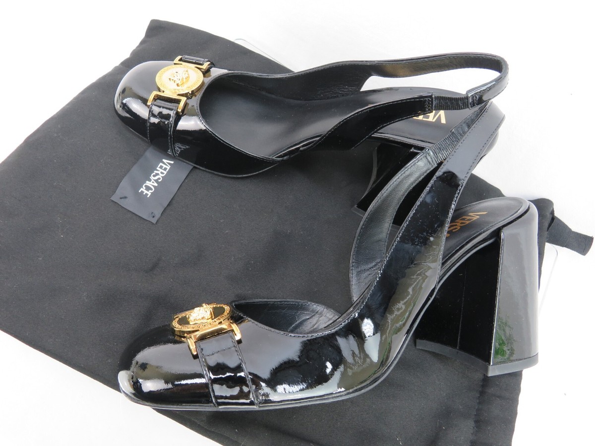 NIB VERSACE BLACK PATENT LEATHER GOLD MEDUSA LOGO SANDALS