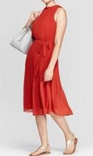 WOMENS M SLEEVELESS ROUND NECK A-LINE MIDI PLEATED DRESS RUST A NEW DAY