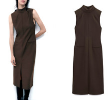 ZARA LONG BROWN DRESS SLEEVELESS MIDI DRESS WITH ZIP SIZE L NEW
