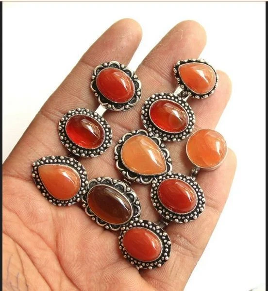 Lote de anillos hechos a mano con piedras preciosas de cornalina natural positivas chapadas en plata de ley 925 Foto 3 de 3