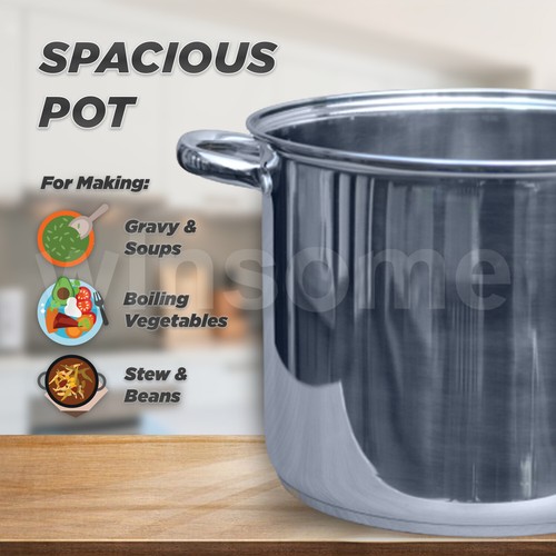 Deep Induction Stainless Steel Stock Soup Stew Pot Pan Stockpot with Glass Lid - Picture 4 of 13