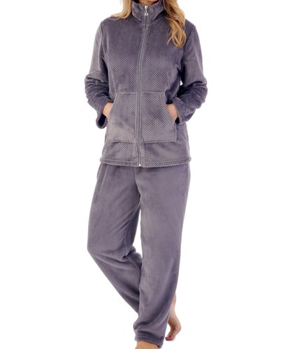 Pyjamas Womens Zip Up Kangaroo Pocket Waffle Top & Plain PJ Bottoms Slenderella - Picture 2 of 54