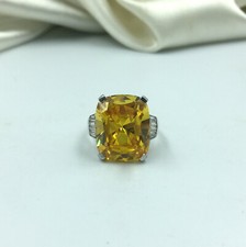 Canary Yellow Cushion Cut Citrine  White CZ Luxury Women Party Ring  7. Size 