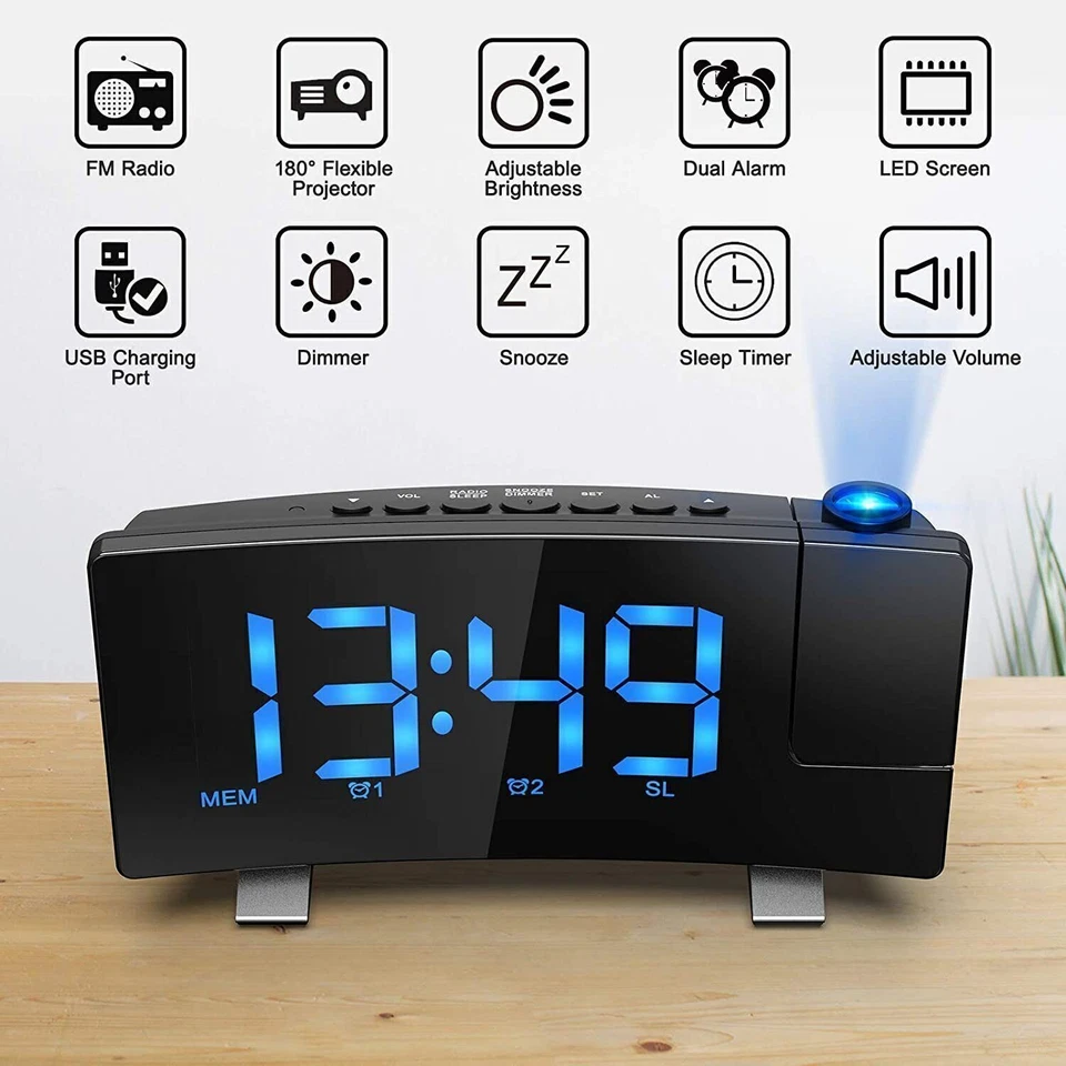 LED FM Radiowecker mit Projektion Digital Funkuhr Dimmbar Tischuhr Alarm USB NEU - Bild 3 von 4