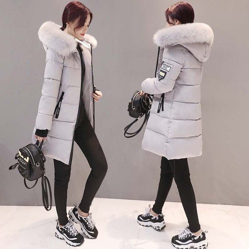 Women's Winter Fur Collar Hooded Down Thicken Cotton Jacket Slim Long Warm Coats - Picture 5 of 14