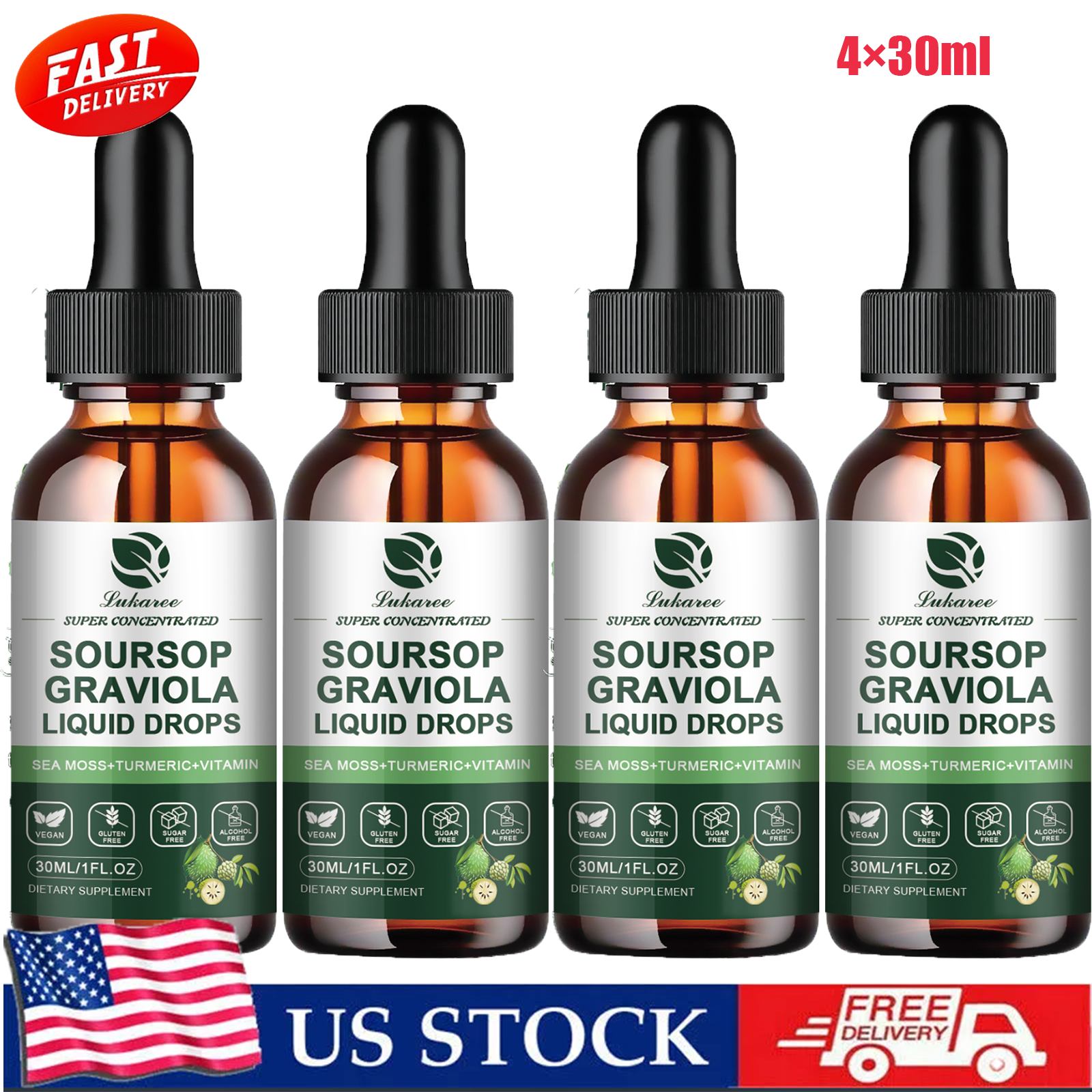 4*30ml Soursop Graviola Liquid Drops,With Sea Moss Turmeric Vitamin,Immune Boost