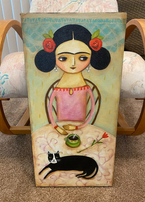 Tascha Parkinson ORIGINAL Acrylic Painting Frida Kahlo w/Cat 12x24 SUPER CUTE!