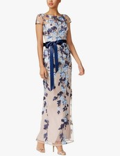 Adrianna Papell Floral Embroidered Mesh Gown Dress Size 12 Blue/Beige Cap Sleeve