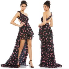 Mac Duggal NWT One Shoulder Ruffled Rose Print Layered High-Low Dress Size 2