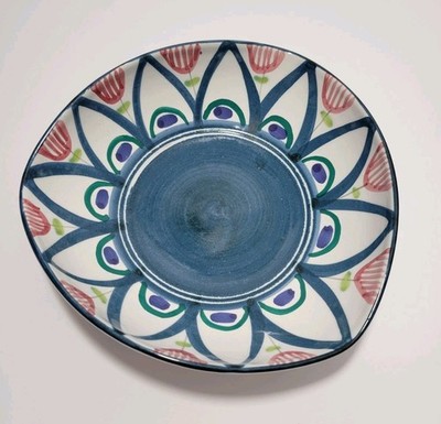 Vtg Hand Painted Norwegian Pottery Bowl Signed Folk Art Blue Green Floral 6 '' 