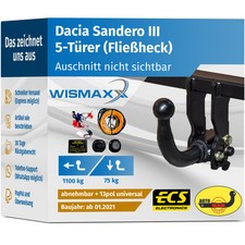 ANHÄNGERKUPPLUNG abnehmbar für Dacia Sandero 3 ab 21 +13pol E-Satz ABE