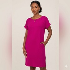 Zenana Boutique Round Neck Rolled Sleeve Tunic Shirt Dress W/ Pockets Magenta LG