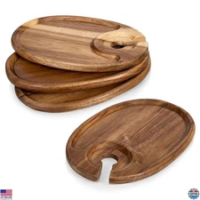 PICNIC TIME TOSCANA - Set of 4 Acacia Wood Wine & Cheese Plates with Holder