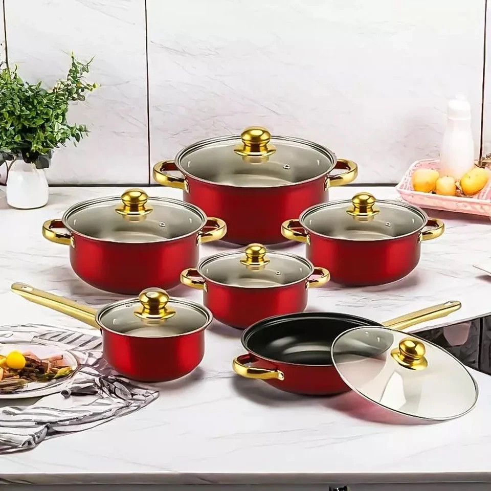 12 Piece Cookware Set Nonstick Pots and Pans Home Kitchen Cooking Non Stick, Red