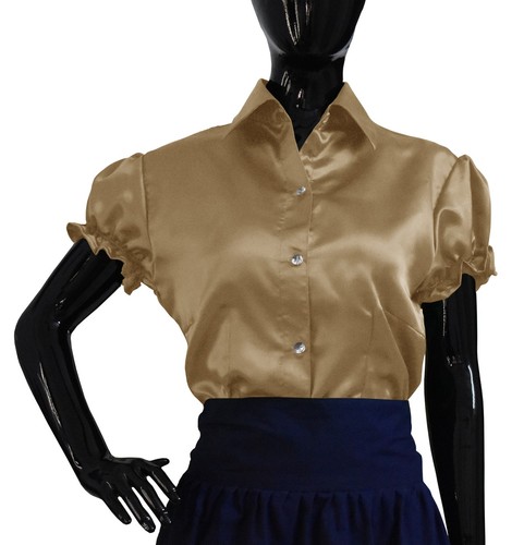 Women Satin Classic Short Sleeve Shirt Button Down Blouse Elegant Work Wear Top - Picture 5 of 35