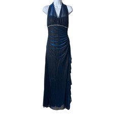 Vintage Betsy & Adam Metallic Halter Ruched Babydoll Maxi Dress 8 Black Blue