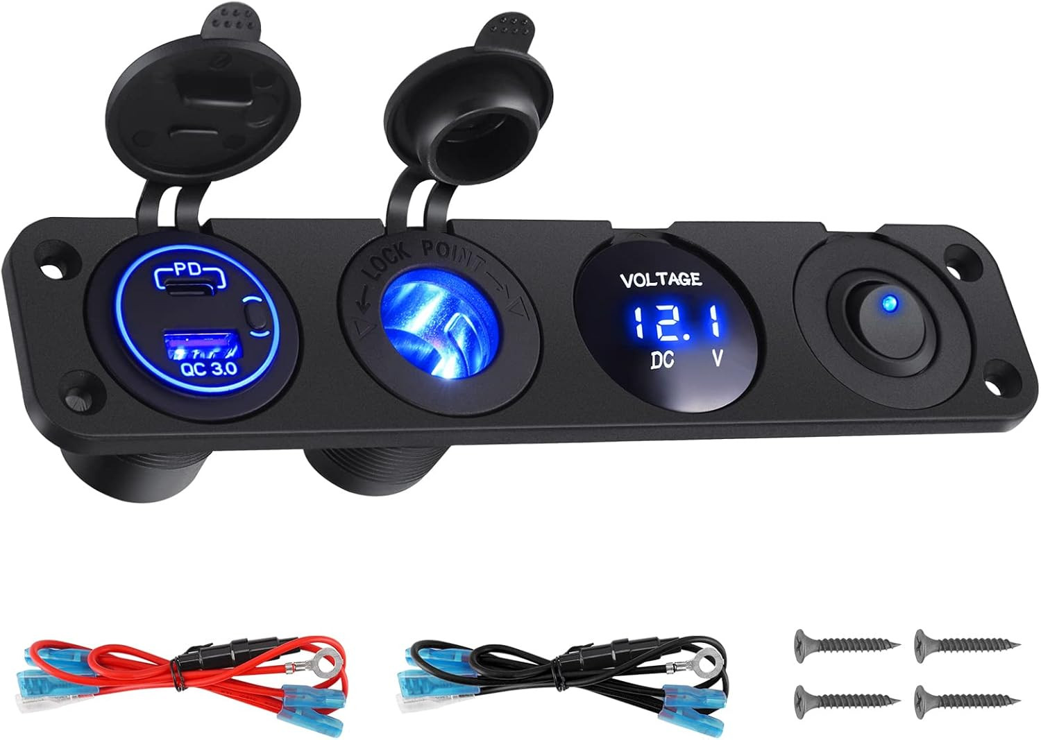Car Charger Switch Panel with QC3.0 USB & PD Type C Cigarette Lighter Socket LED