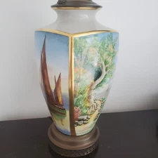 Sailing Ships & Landscape Faceted  Hand Painted Lamp H 26"