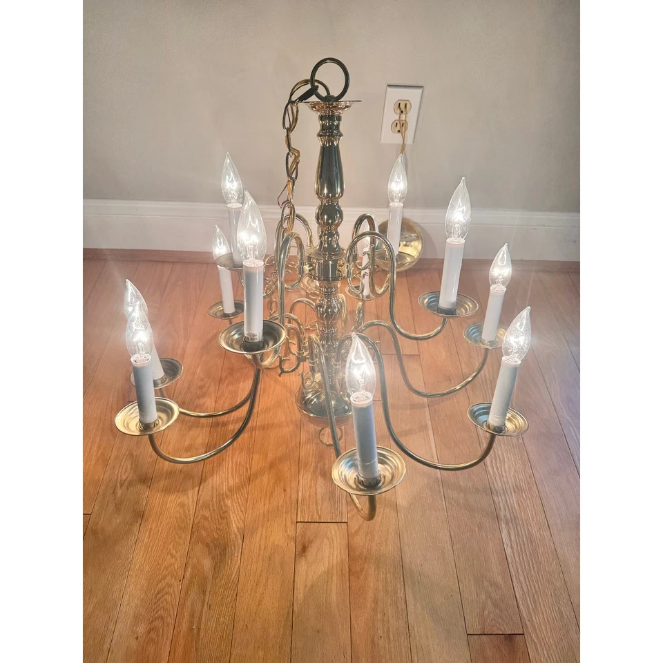 Vintage Polished Brass Gold Color 12 Light Candle Chandelier Lighting with Lamp - Image 3 of 4